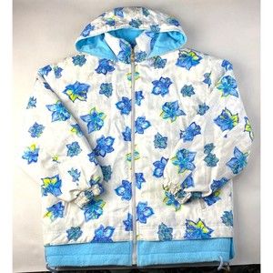 MISS PHENIX Winter White BLUE FLOWERS Hooded Coat! Snow Board Ski Women's Sz L